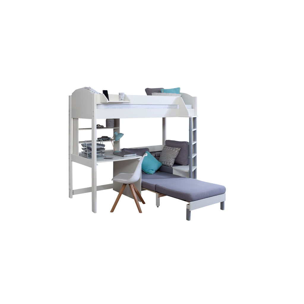 Noah Highsleeper with Desk, Shelves & Chair Bed white with silver chair, bed extended on white background