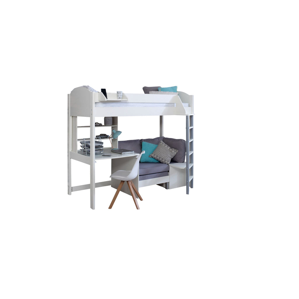 Noah Highsleeper with Desk, Shelves & Chair Bed white with silver chair, on white background