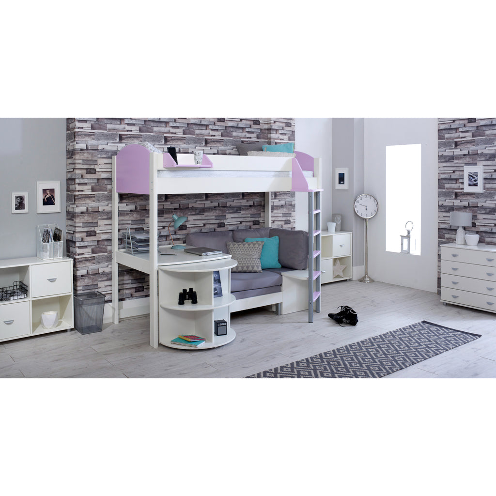 Noah Highsleeper with Extendable Desk & Chair Bed in white & lilac with silver chair