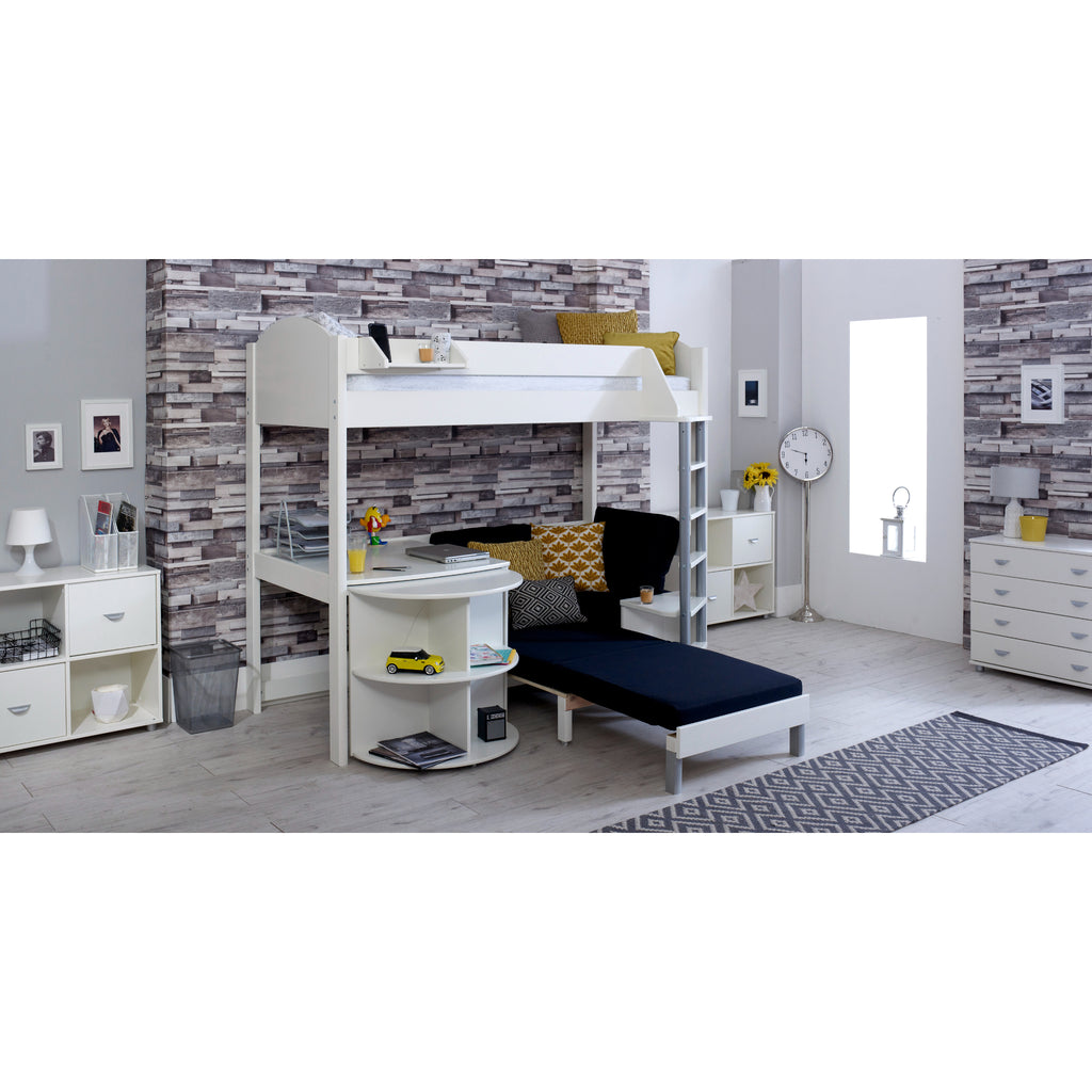 Noah Highsleeper with Extendable Desk & Chair Bed in white with black chair, bed extended