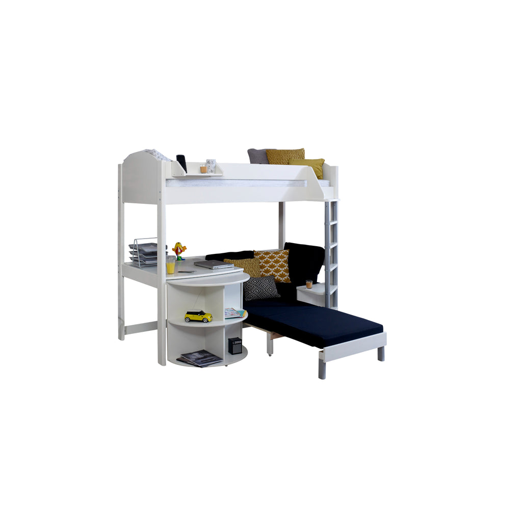 Noah Highsleeper with Extendable Desk & Chair Bed in white with black chair on white background, bed extended