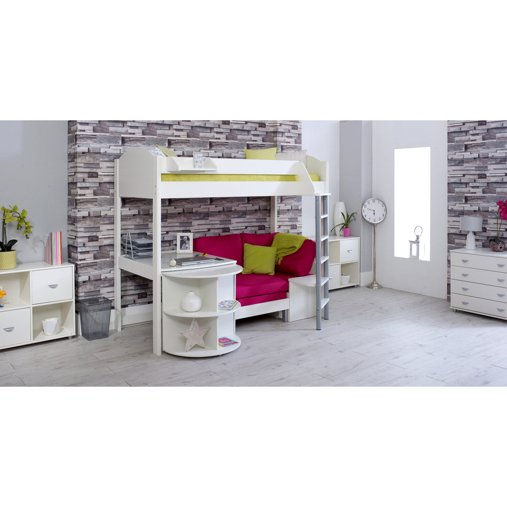 Noah Highsleeper with Extendable Desk & Chair Bed in white with pink chair