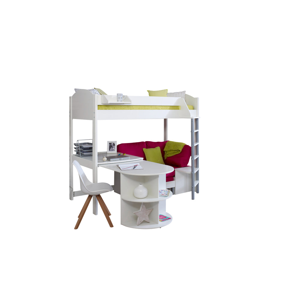 Noah Highsleeper with Extendable Desk & Chair Bed in white with pink chair, on white background, desk extended