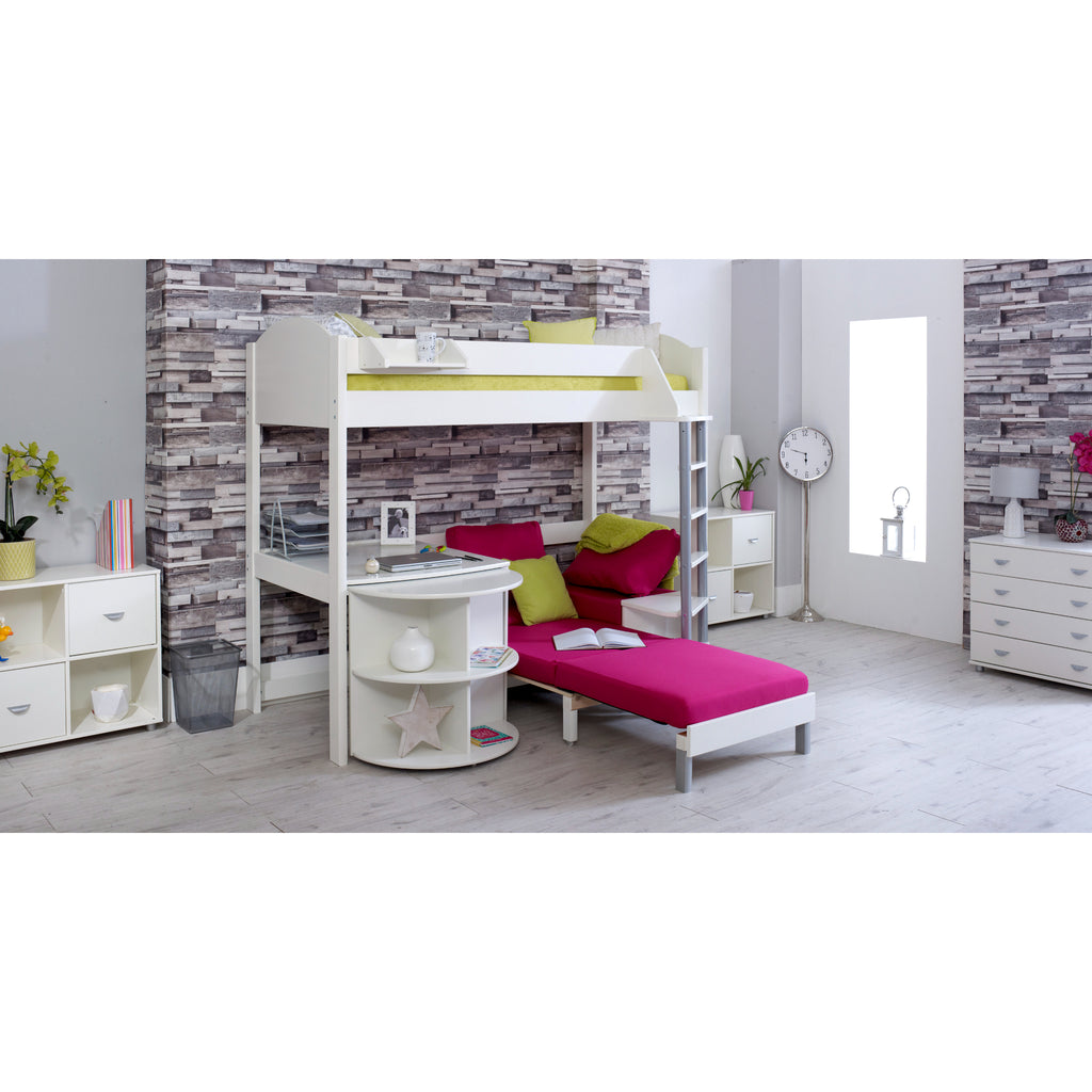 Noah Highsleeper with Extendable Desk & Chair Bed in white with pink chair, bed extended