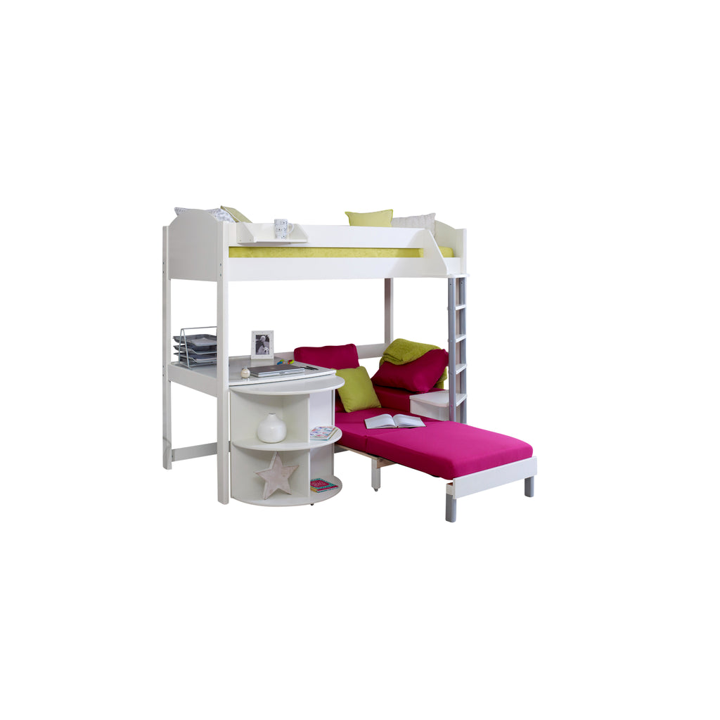 Noah Highsleeper with Extendable Desk & Chair Bed in white with pink chair on white background, bed extended