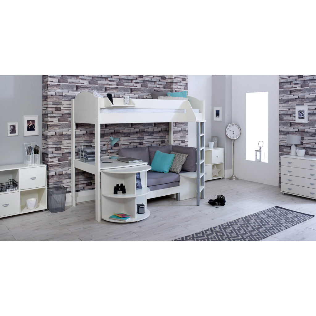Noah Highsleeper with Extendable Desk & Chair Bed in white with silver chair