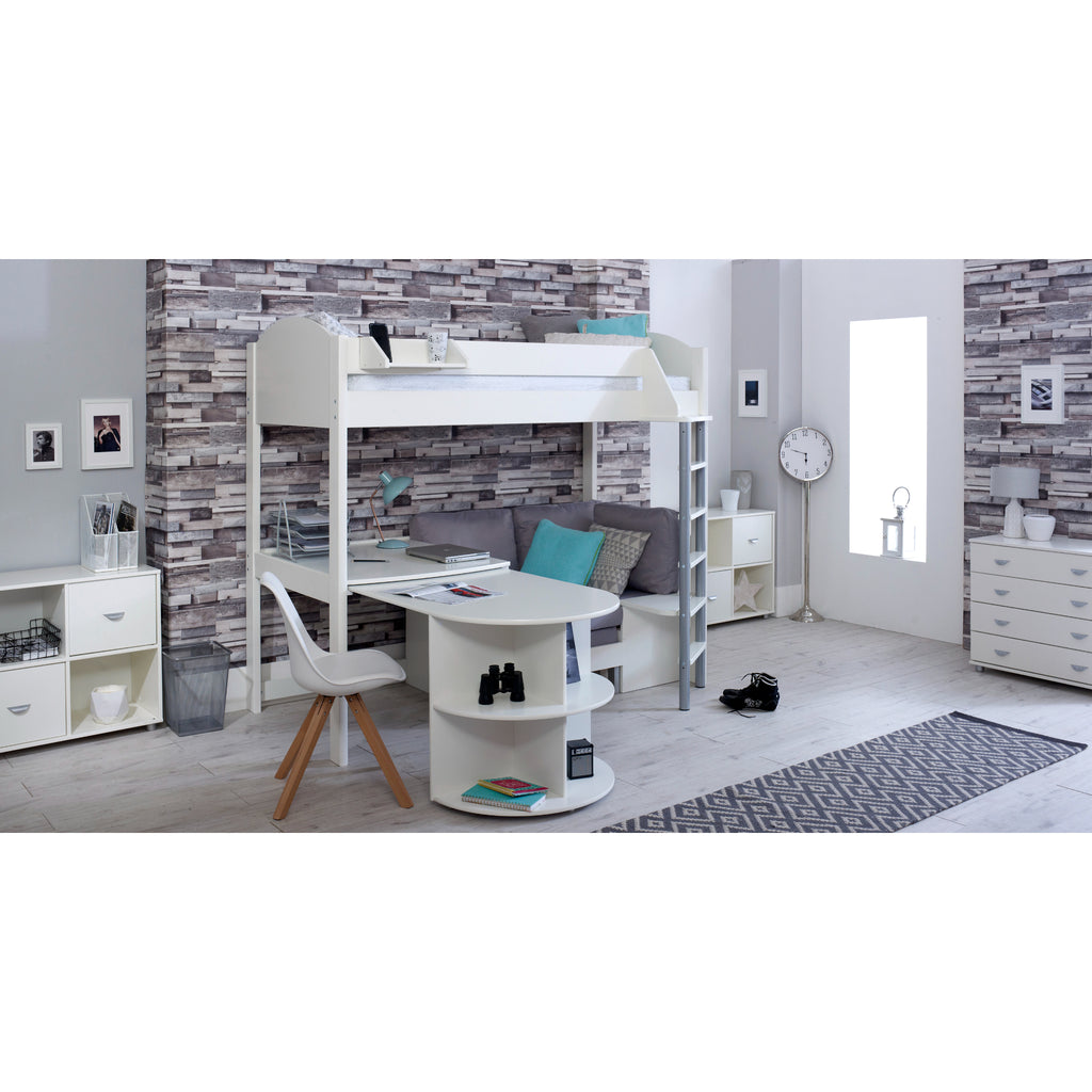 Noah Highsleeper with Extendable Desk & Chair Bed in white with silver chair, desk extended