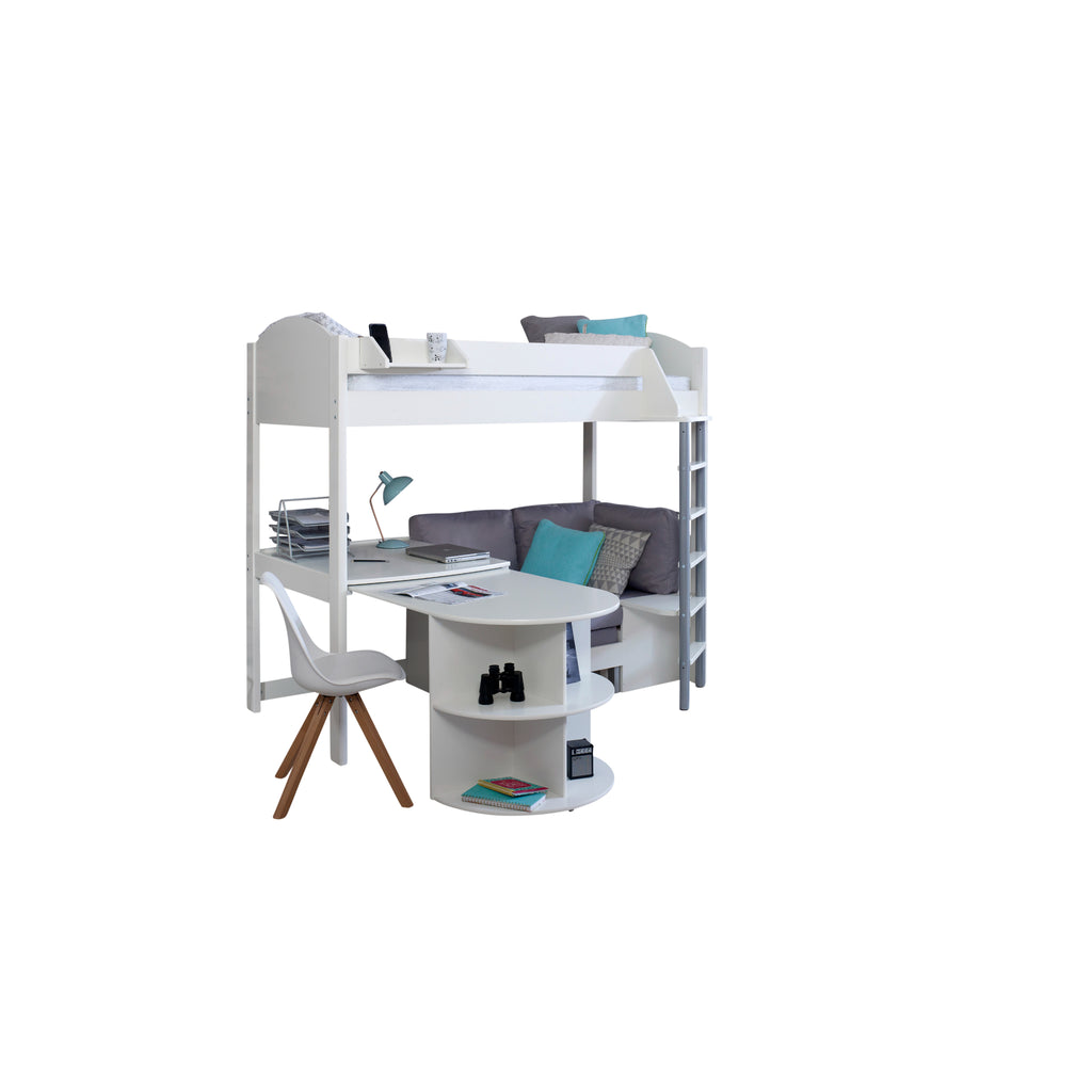 Noah Highsleeper with Extendable Desk & Chair Bed in white with silver chair, on white background, desk extended