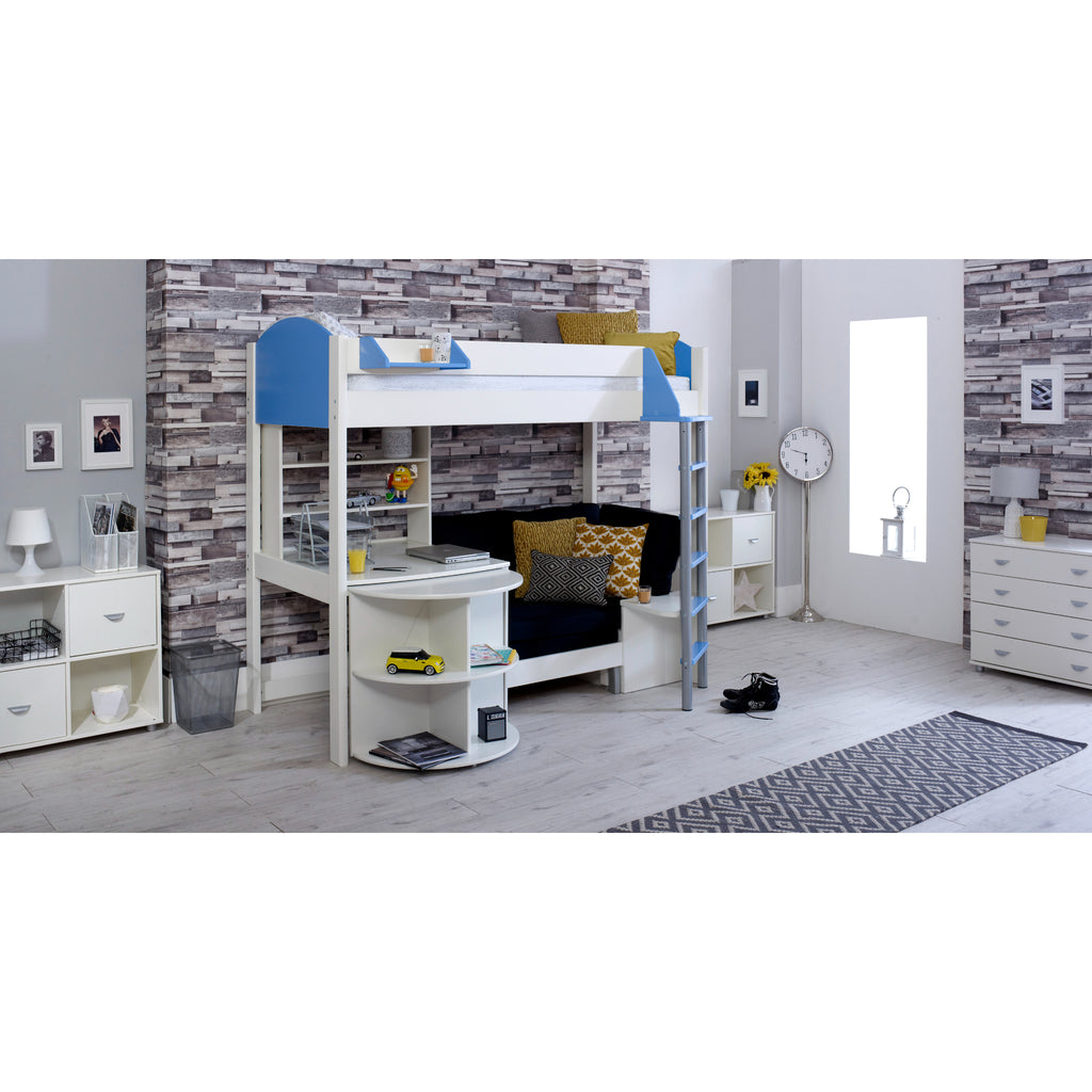Noah Highsleeper with Extendable Desk, Shelving Unit & Chair Bed in white & blue with black chair