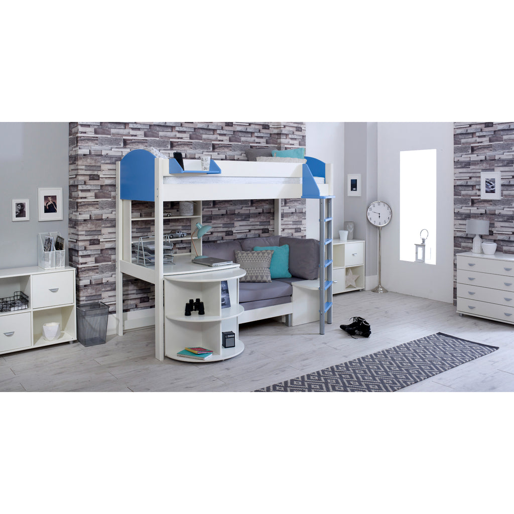 Noah Highsleeper with Extendable Desk, Shelving Unit & Chair Bed in white & blue with silver chair
