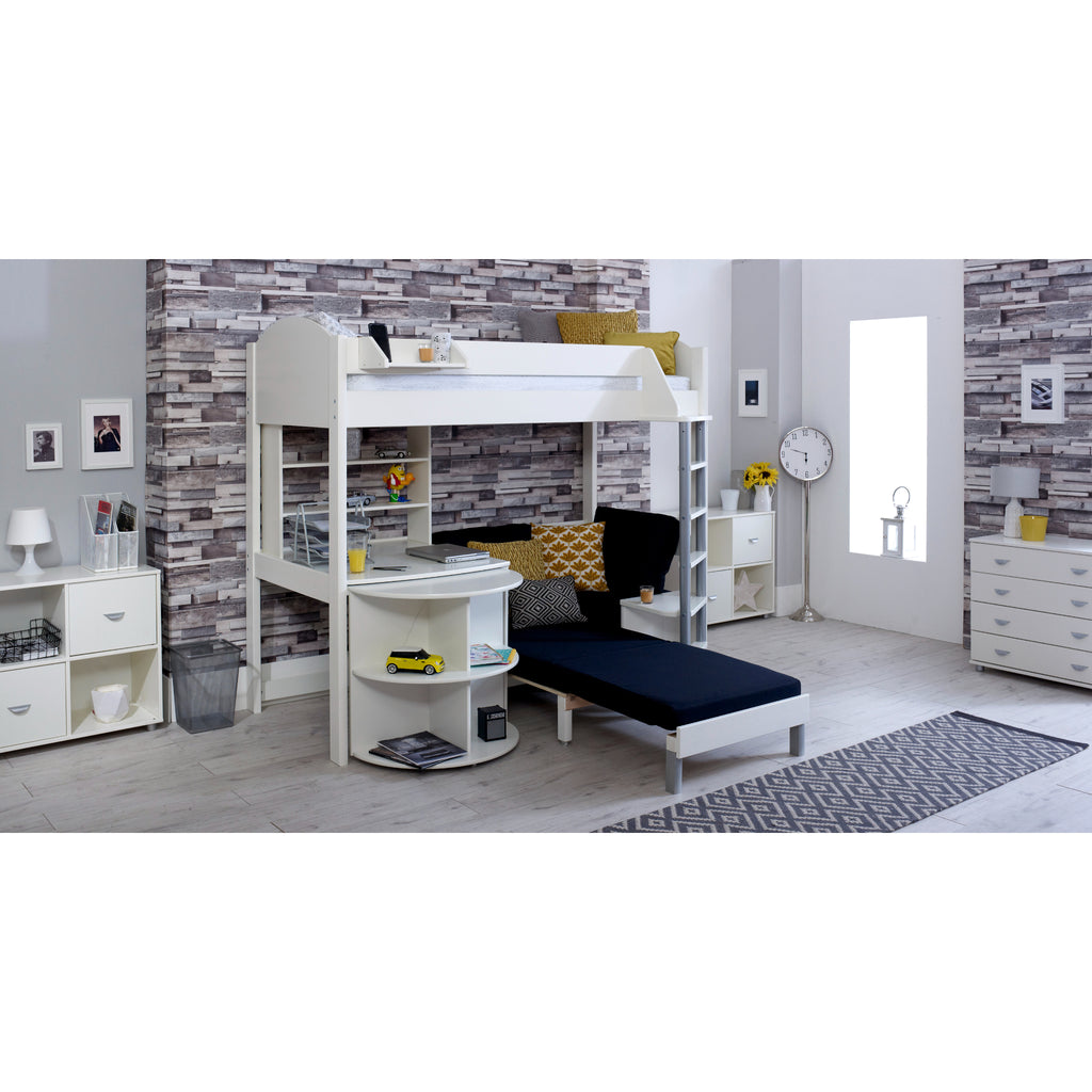 Noah Highsleeper with Extendable Desk, Shelving Unit & Chair Bed in white with black chair, bed extended