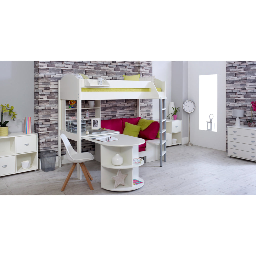 Noah Highsleeper with Extendable Desk, Shelving Unit & Chair Bed in white with Pink chair, desk extended