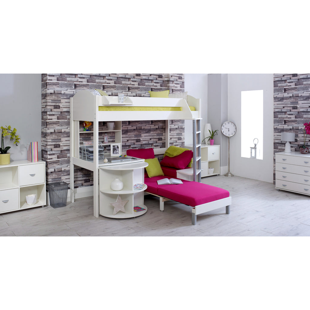 Noah Highsleeper with Extendable Desk, Shelving Unit & Chair Bed in white with Pink chair, bed extended