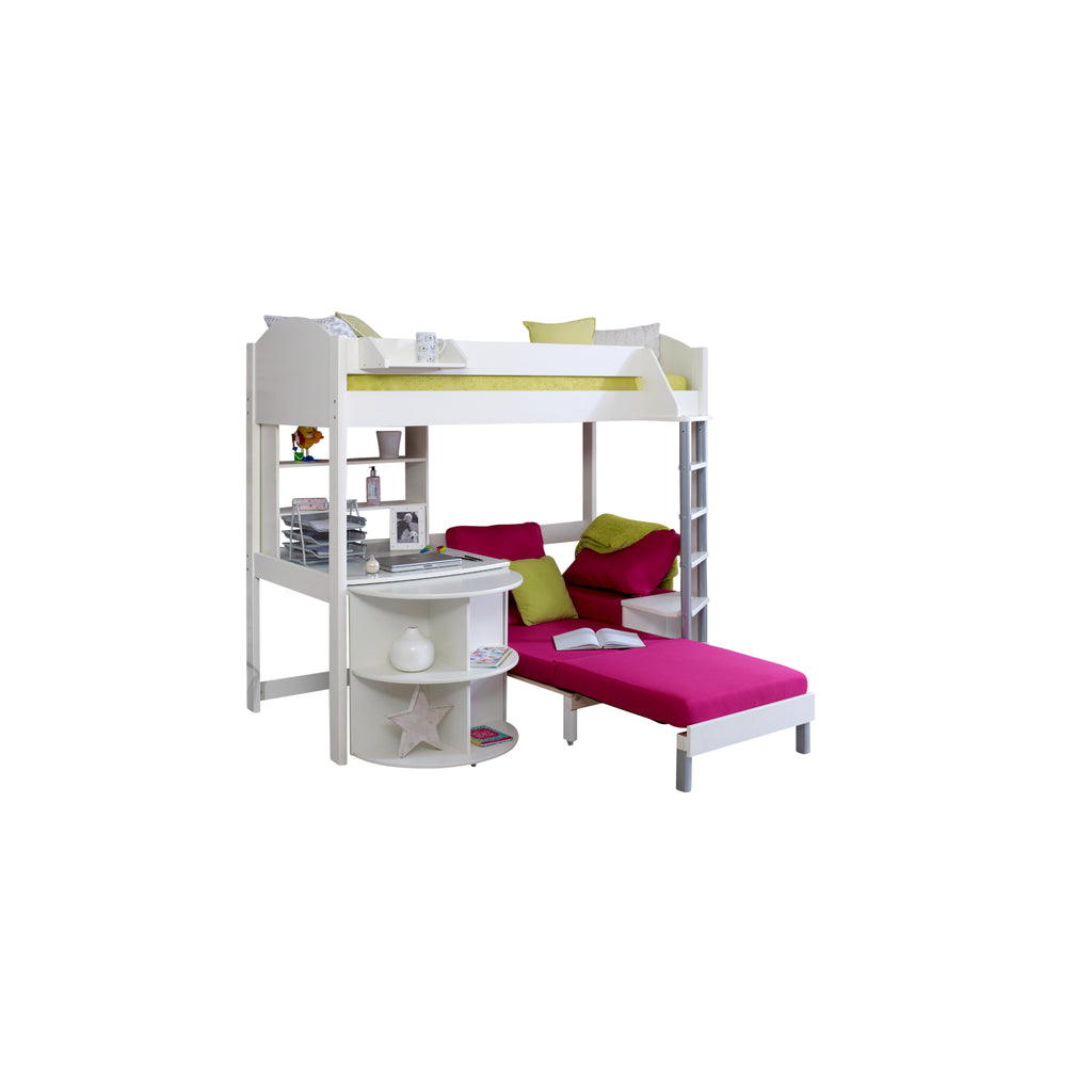 Noah Highsleeper with Extendable Desk, Shelving Unit & Chair Bed in white with Pink chair on white background, bed extended