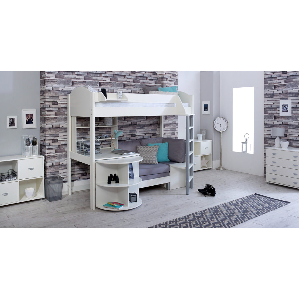 Noah Highsleeper with Extendable Desk, Shelving Unit & Chair Bed in white with silver chair