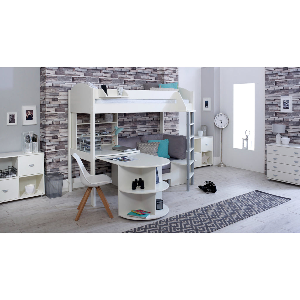 Noah Highsleeper with Extendable Desk, Shelving Unit & Chair Bed in white with silver chair, desk extended