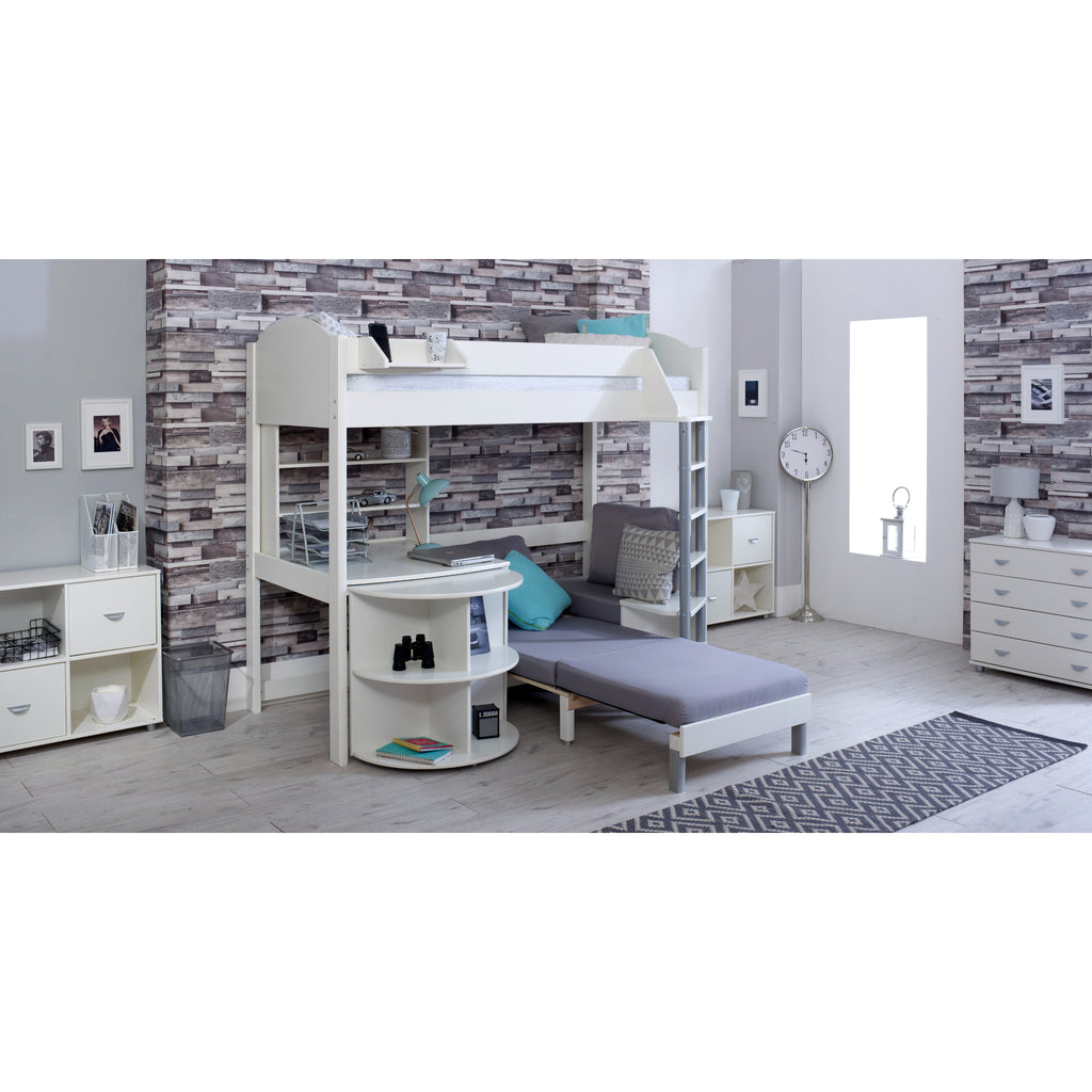 Noah Highsleeper with Extendable Desk, Shelving Unit & Chair Bed in white with silver chair, bed extended