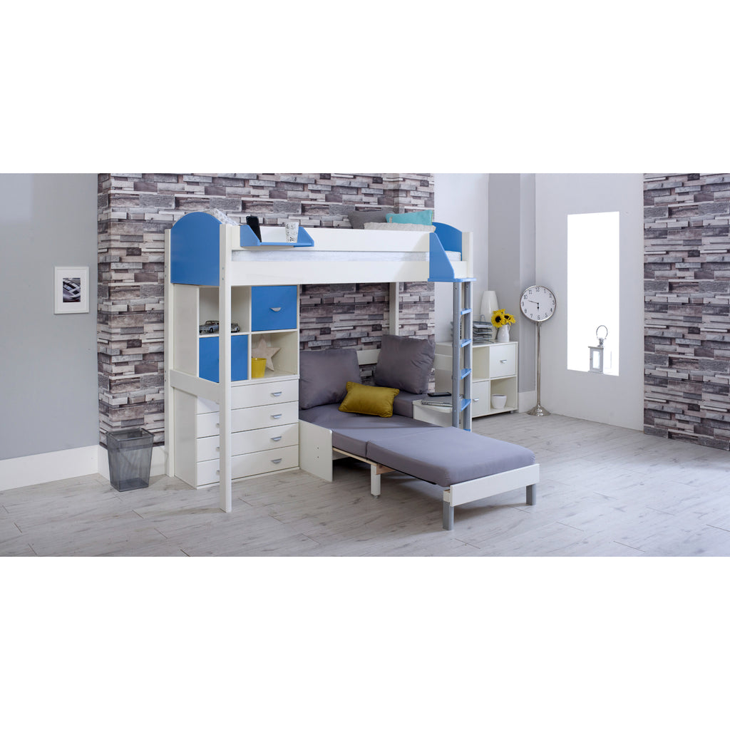 Noah Highsleeper with Chest of Drawers, Cube Storage & Chair Bed in white & blue with silver chair 