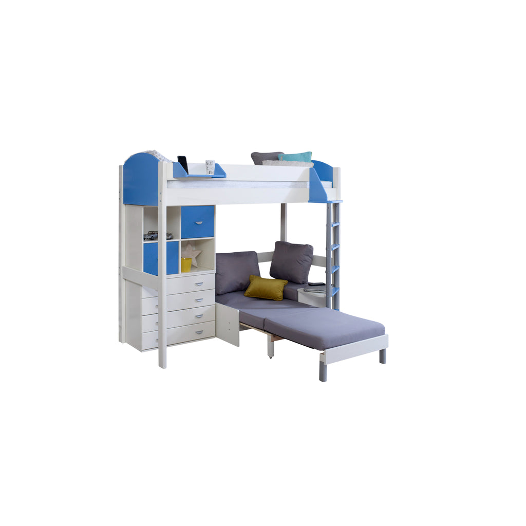 Noah Highsleeper with Chest of Drawers, Cube Storage & Chair Bed in white & blue with silver chair, bed extended
