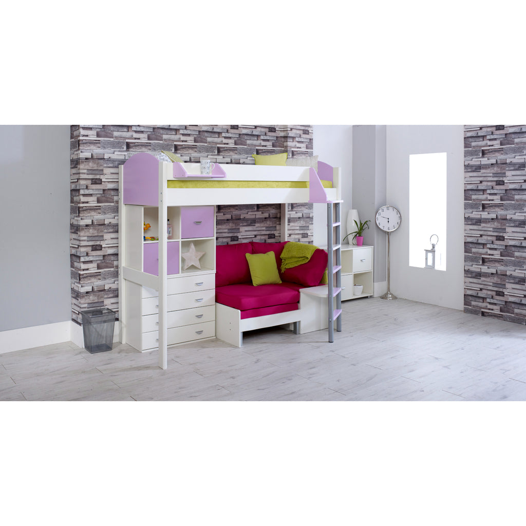 Noah Highsleeper with Chest of Drawers, Cube Storage & Chair Bed in white & lilac with pink chair 