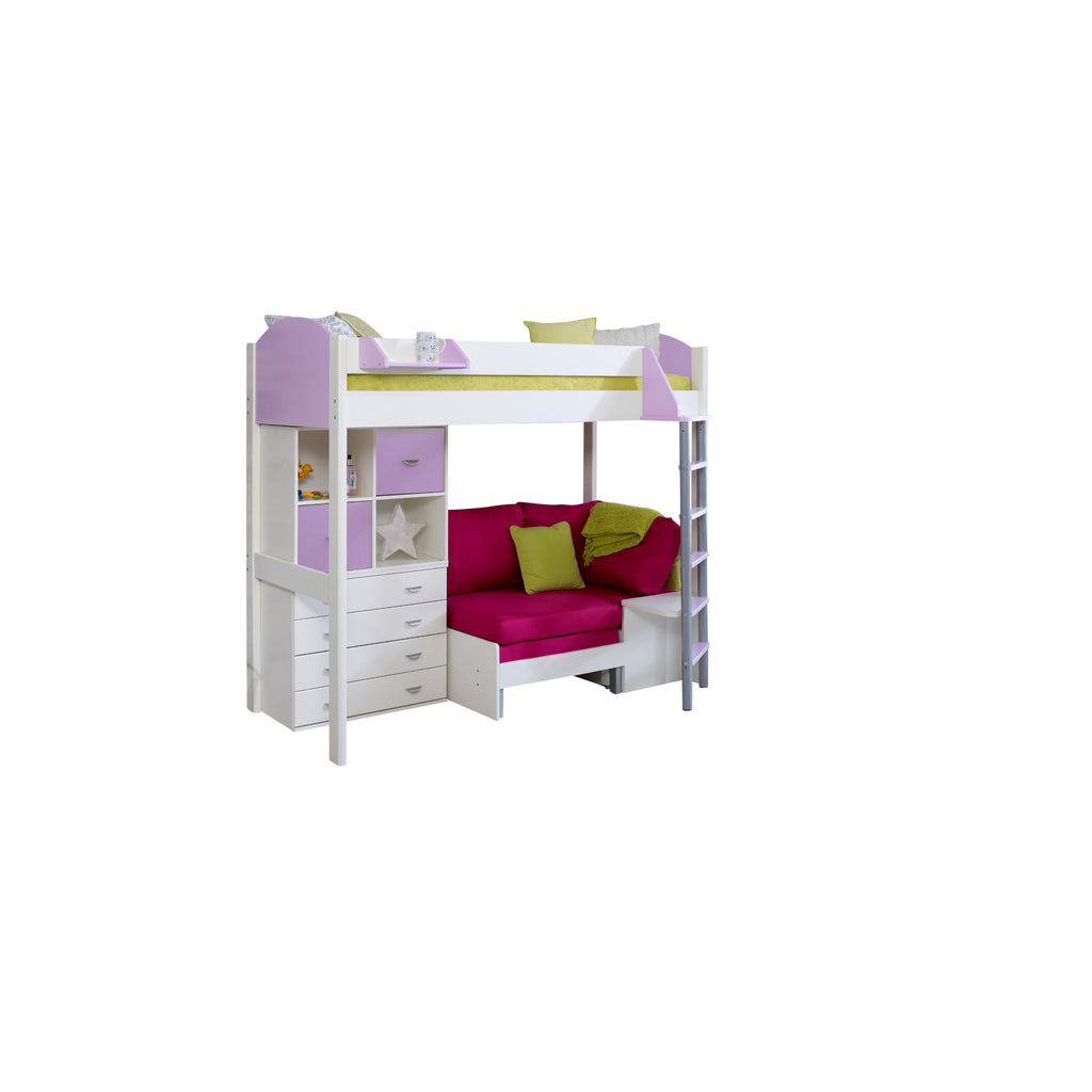 Noah Highsleeper with Chest of Drawers, Cube Storage & Chair Bed in white & lilac with pink chair on white background