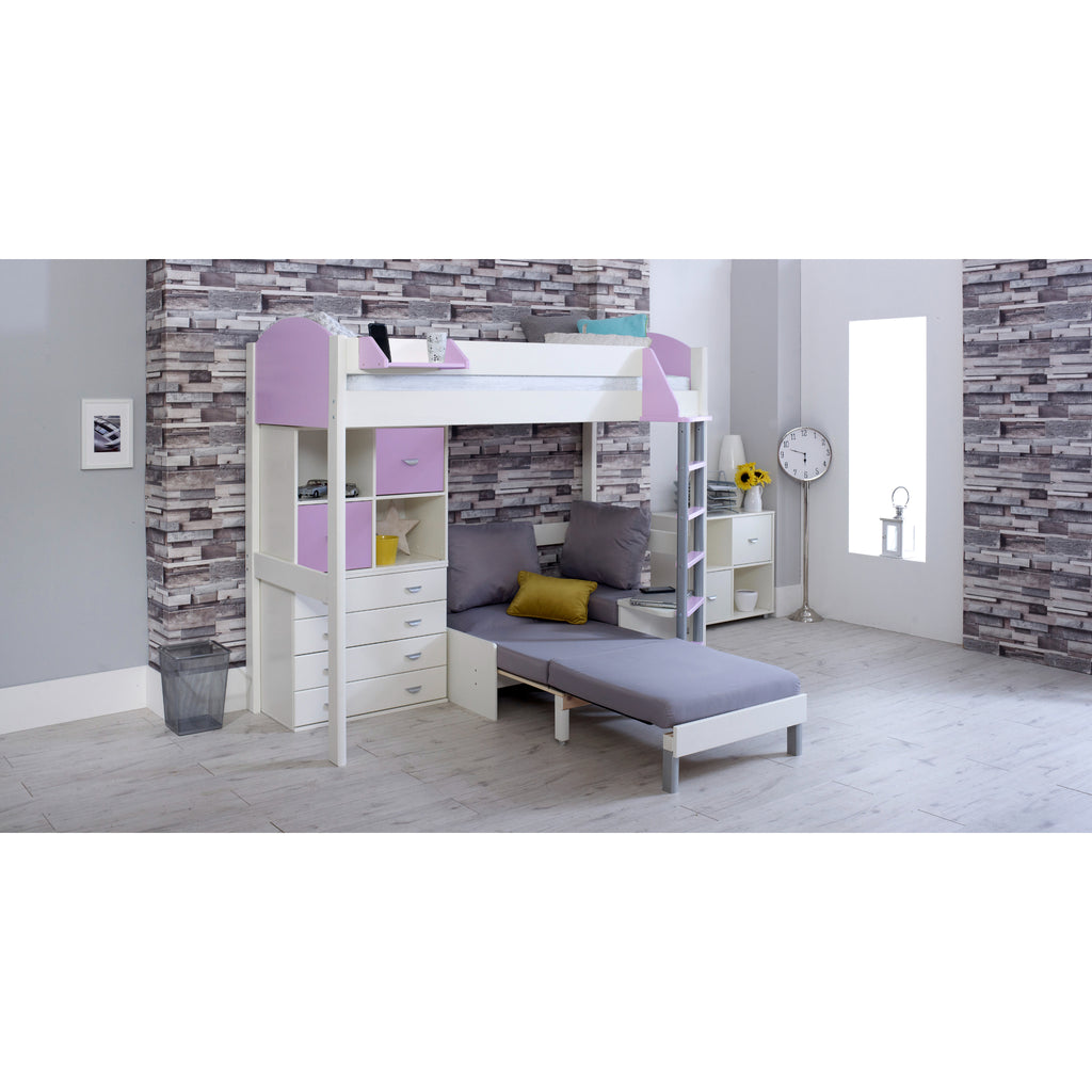 Noah Highsleeper with Chest of Drawers, Cube Storage & Chair Bed in white & lilac with silver chair, bed extended