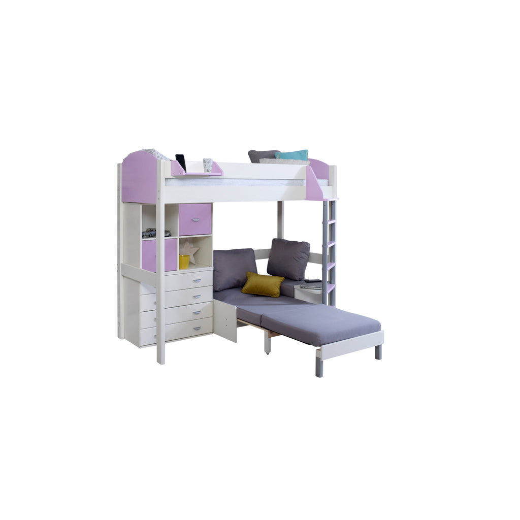 Noah Highsleeper with Chest of Drawers, Cube Storage & Chair Bed in white & lilac with silver chair on white background, bed extended