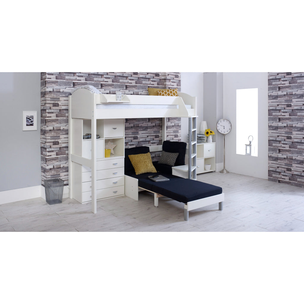 Noah Highsleeper with Chest of Drawers, Cube Storage & Chair Bed in white with black chair, bed extended