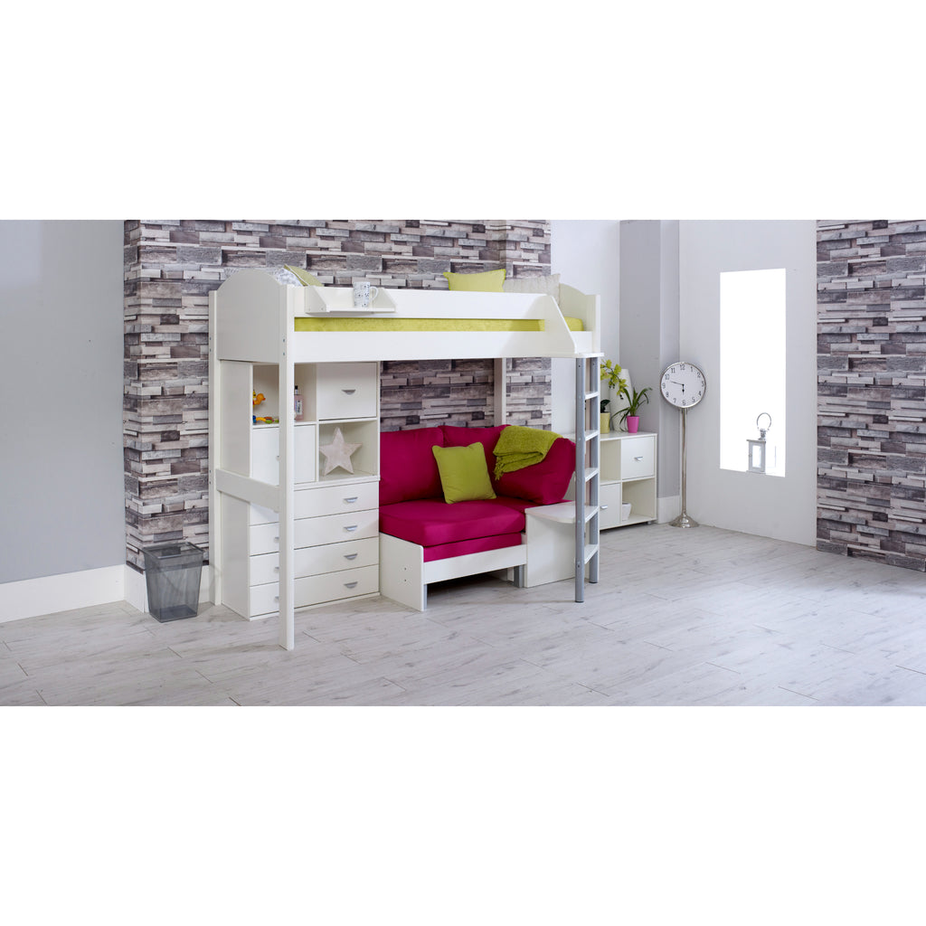 Noah Highsleeper with Chest of Drawers, Cube Storage & Chair Bed in white with pink chair 