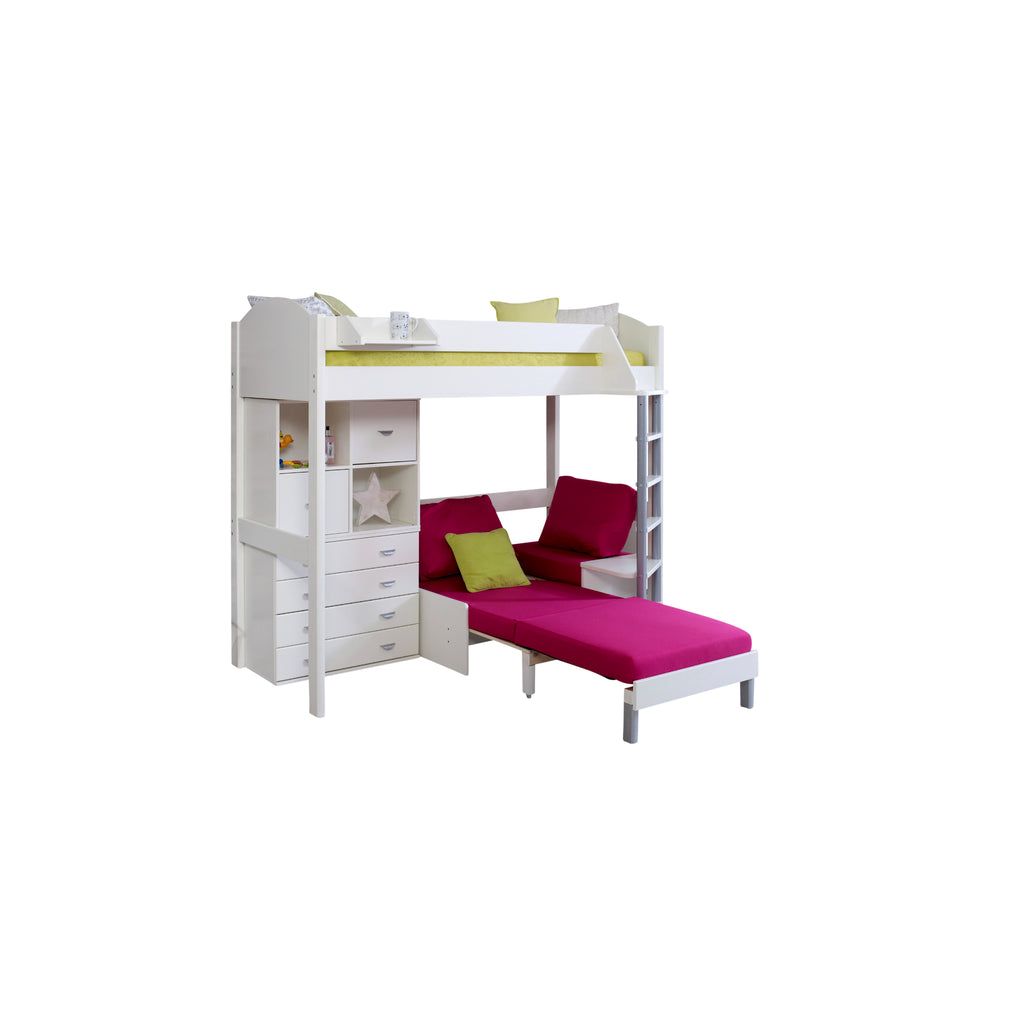 Noah Highsleeper with Chest of Drawers, Cube Storage & Chair Bed in white with pink chair on white background, bed extended