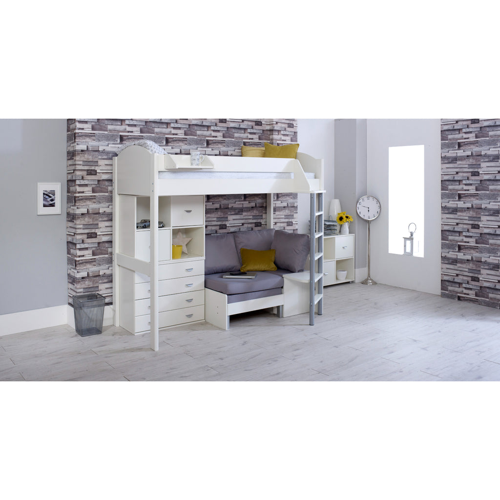 Noah Highsleeper with Chest of Drawers, Cube Storage & Chair Bed in white with silver chair 