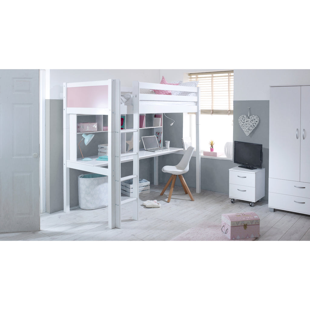 Thuka Nordic Highsleeper Bed with Integrated Desk & Shelving with pink ends