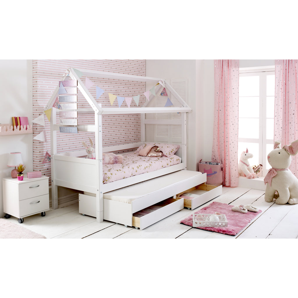 Thuka Nordic Playhouse with Trundle & Storage Drawers, white ends, trundle open