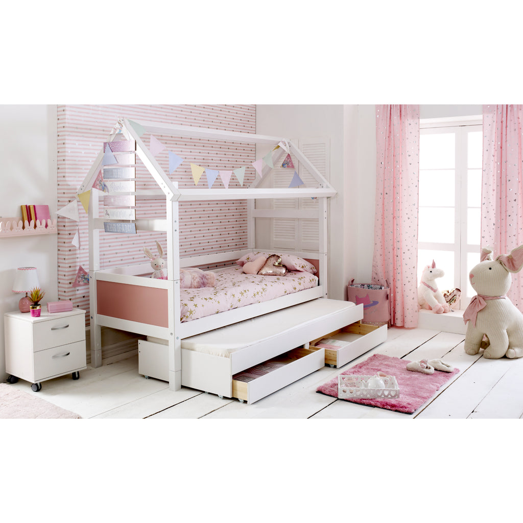 Thuka Nordic Playhouse with Trundle & Storage Drawers, pink ends, trundle open