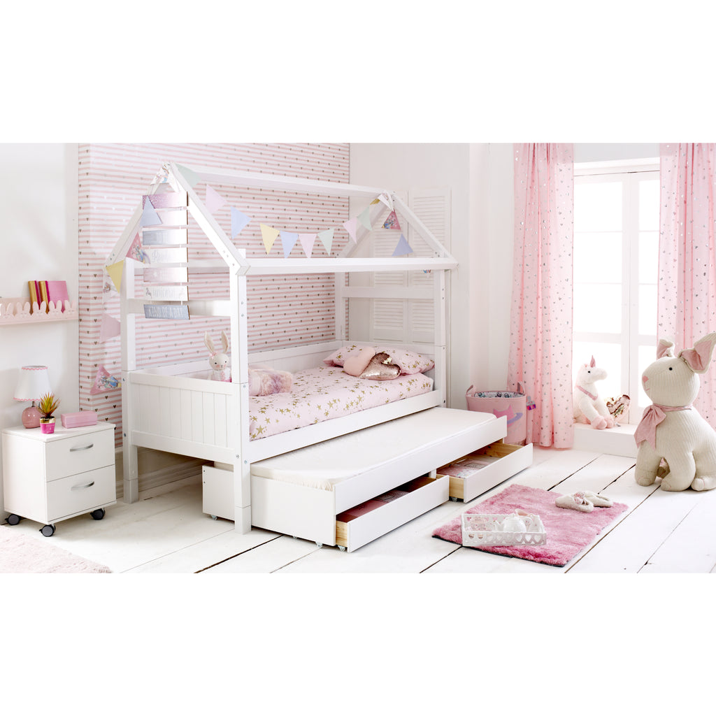Thuka Nordic Playhouse with Trundle & Storage Drawers, grooved ends, trundle open