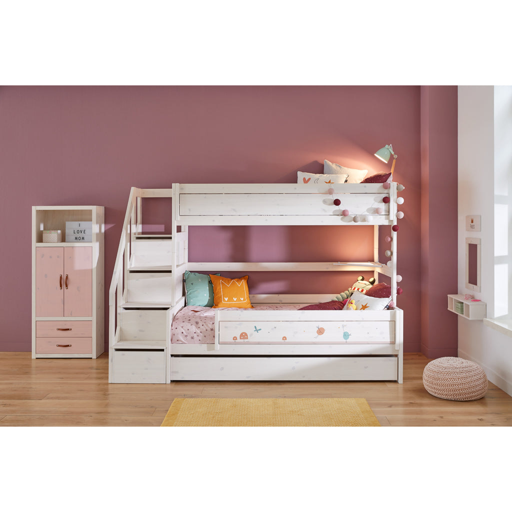 Bunk Bed with Steps, single, whitewash against wall