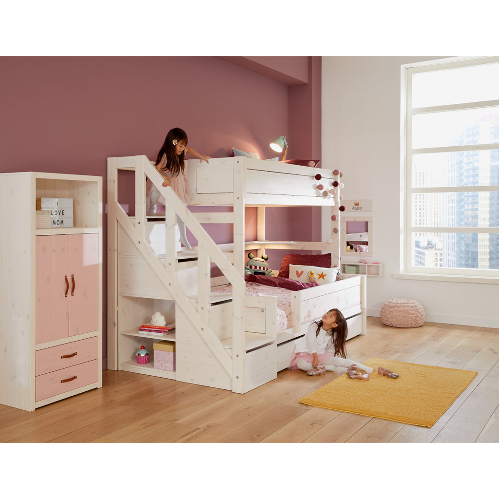 Bunk Bed with Steps, single, whitewash, roomset 1