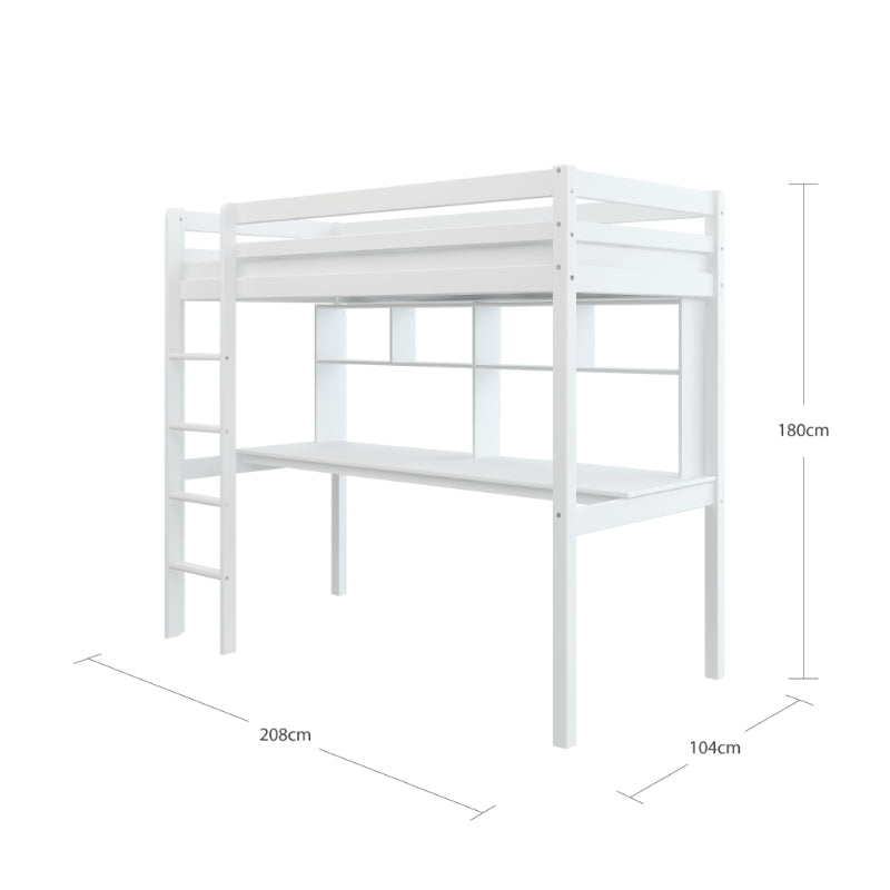 White loft bed with dimensions on a white background