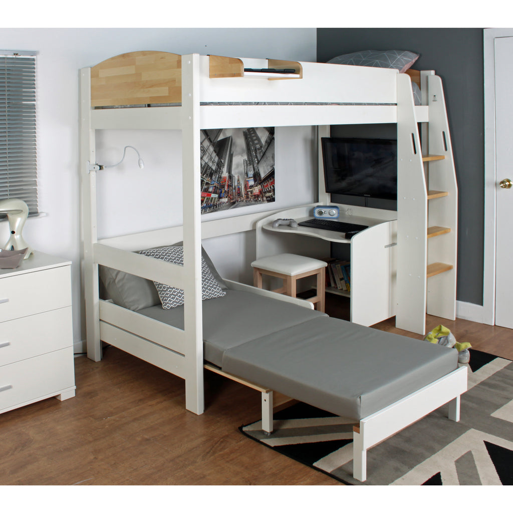 Urban Highsleeper with Desk & Chair Bed in white & birch, bed extended