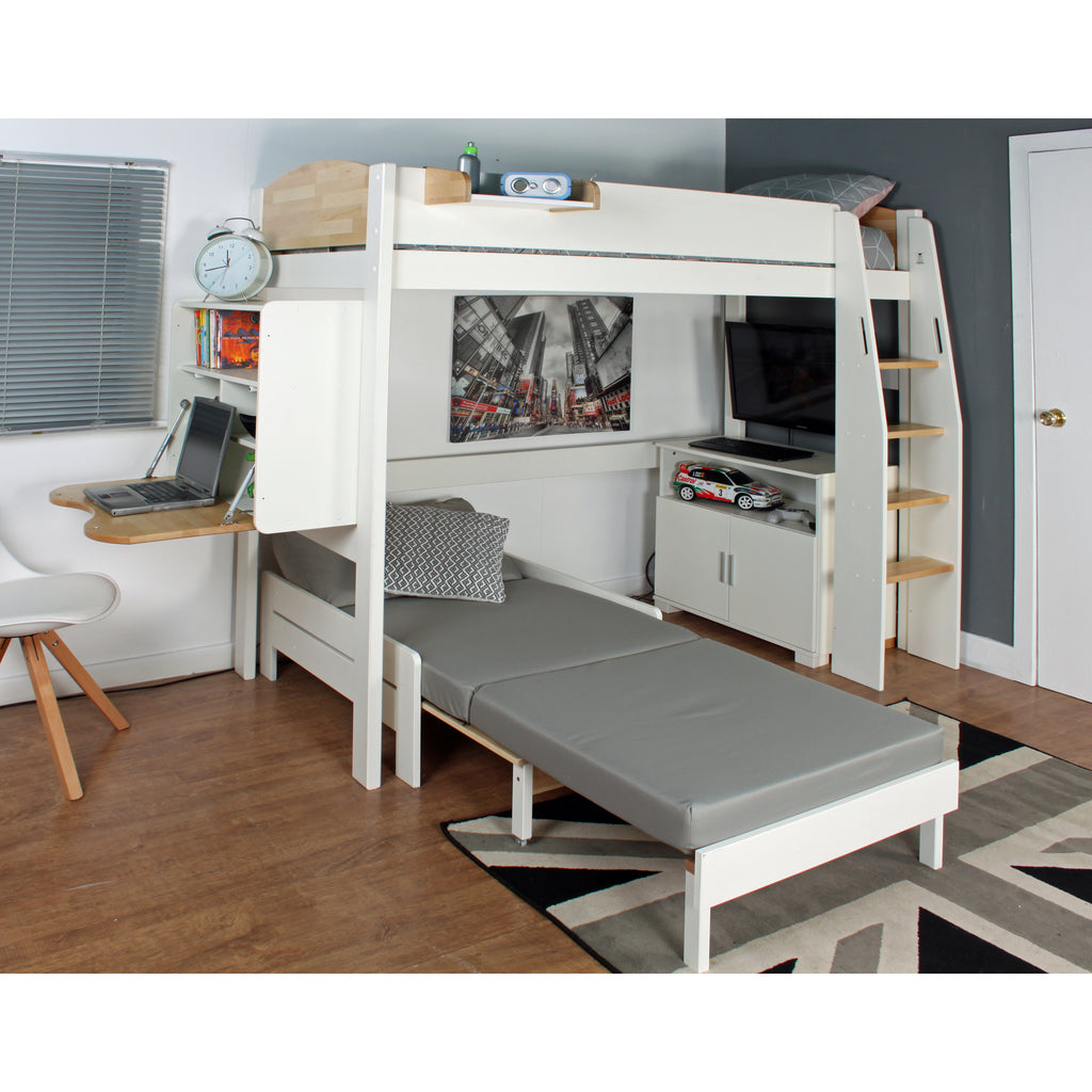 Urban Highsleeper with Desk, Shelves, Chair Bed & Cupboard, white & birch, chair & desk extended