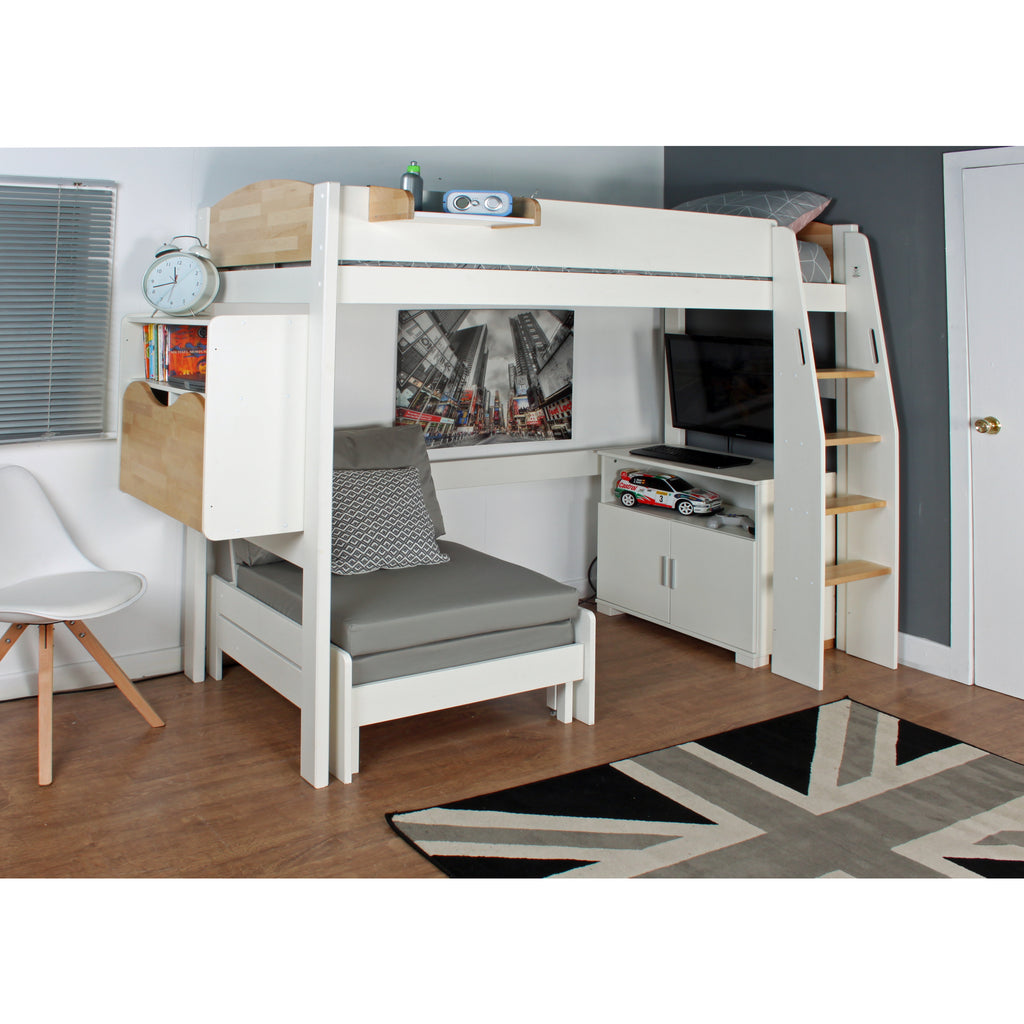 Urban Highsleeper with Desk, Shelves, Chair Bed & Cupboard, white & birch