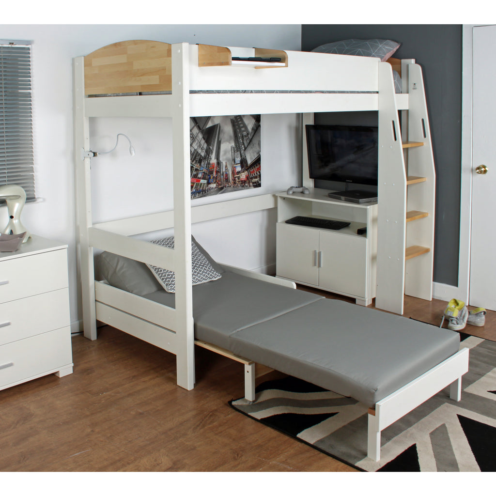 Urban Highsleeper with Chair Bed & Cupboard, white & birch, chair bed extended