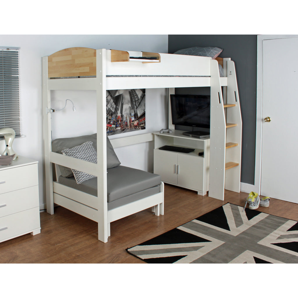 Urban Highsleeper with Chair Bed & Cupboard, white & birch