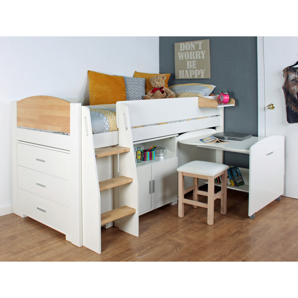 Urban Midsleeper with Desk, Chest of Drawers & Cupboard, white & birch, desk extended