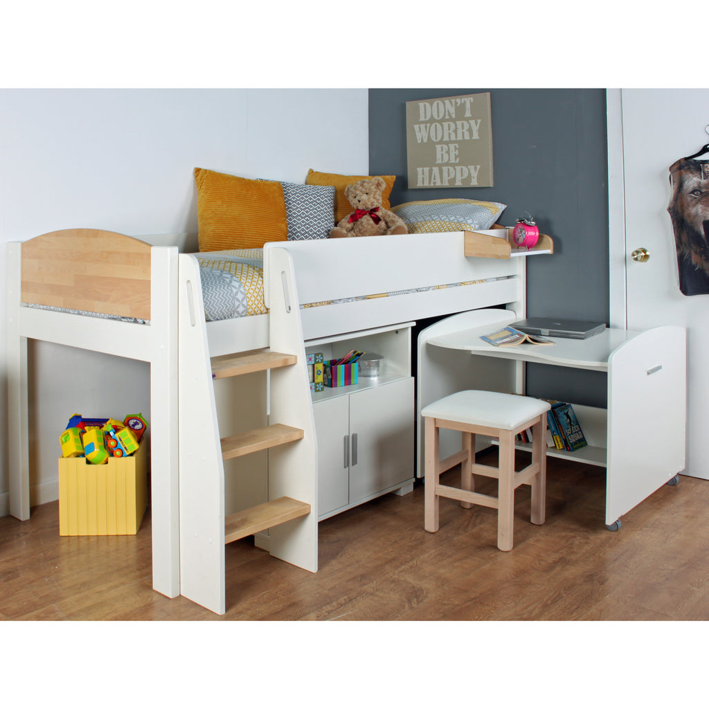 Urban Midsleeper with Desk & Cupboard, White & Birch, desk extended