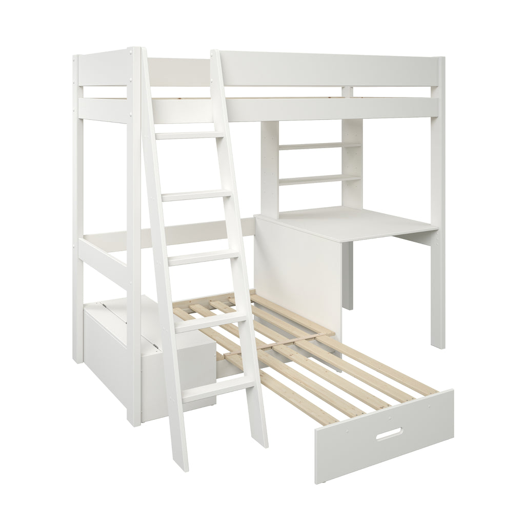 Estella Highsleeper with Corner Sofabed, Desk & Shelving in White, on white, bed extended