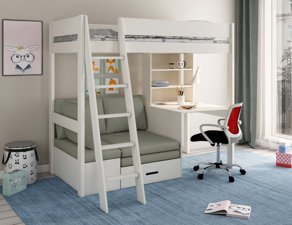 A white high sleeper bed with a silver corner sofa bed, desk, and shelving unit.
