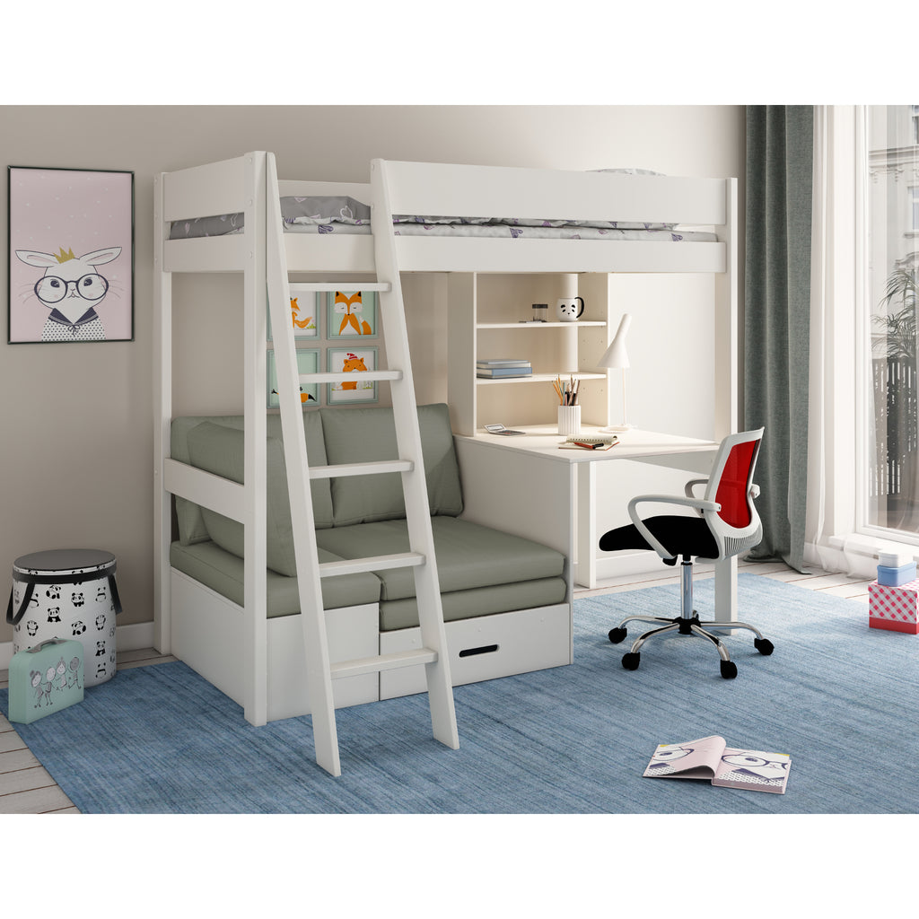 A white high sleeper bed with a silver corner sofa bed, desk, and shelving unit.