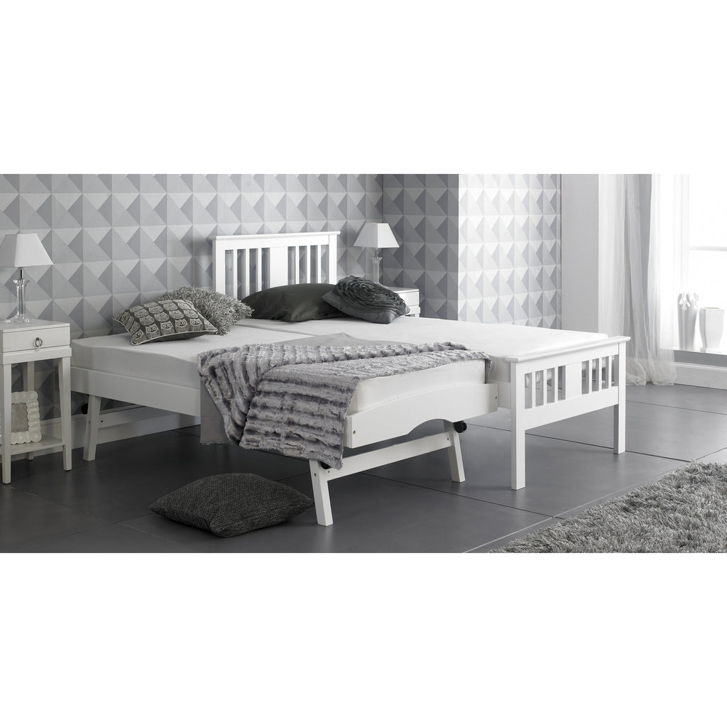 Bergen Solid Wood Guest Bed with Trundle in white in furnished room, trundle set up