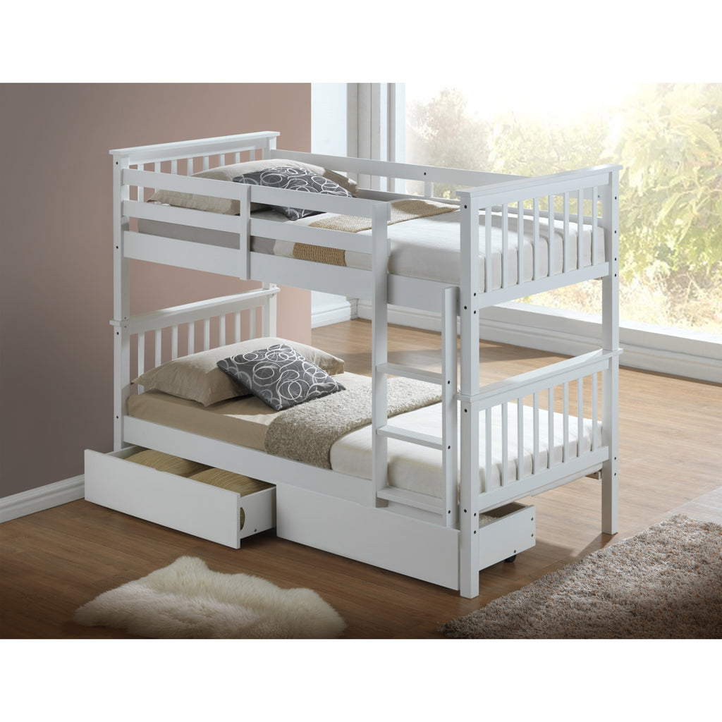 Helsing Rubberwood Stacking Bunk Bed with Underbed Drawers in white in furnished room